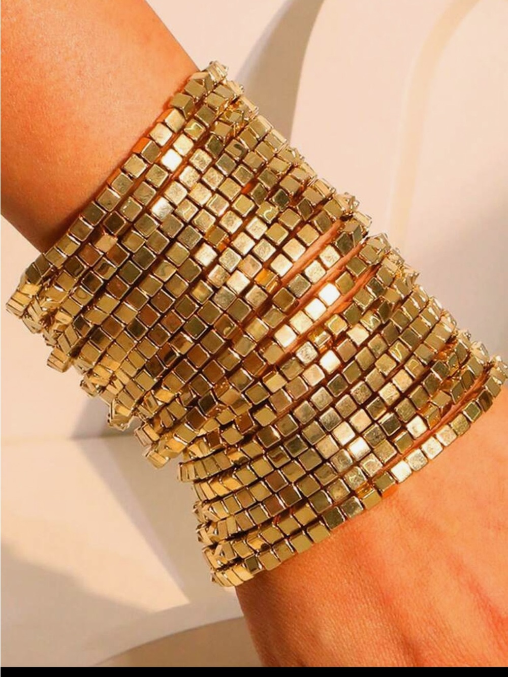 Gold Stackable Square Bead Stretch Bracelet Set Statement Arm Stack